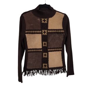 Vintage Top L Brown Leather Pathchwork Crocheted Wester Cowgirl Equestrian Boho